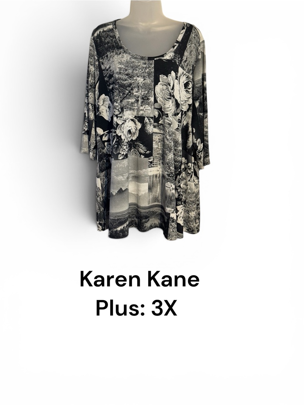 Karen Kane Black & White Neutral Floral / Scenic 3/4 Sleeve Top  PLUS: 3X   #11
